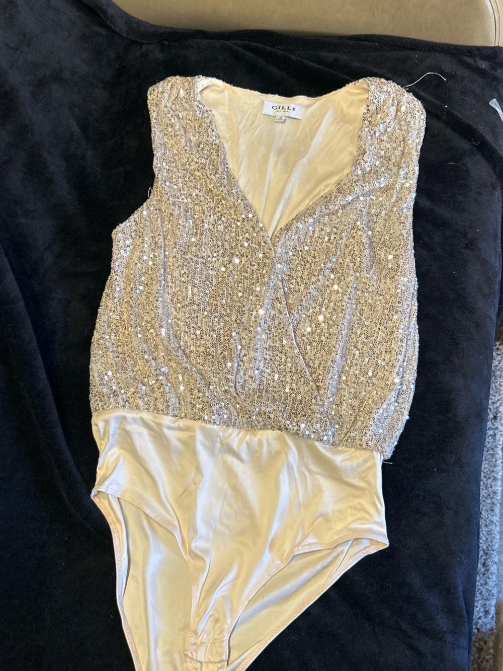 Gilli Sequin Cream and Silver V-Neck Bodysuit